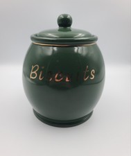 Retro 1997 SSI Taiwan ‘APILCO’ Green and Gold Ceramic Biscuits Storage Jar, VGC.