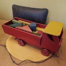 Vintage Wooden Tipper  Truck Toy  Multicoloured Pull along Handmade with bricks 