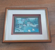 Vintage 3D effect Swans and Cruiser boats on river Picture framed