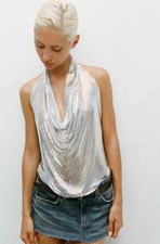 ZARA Silver Metallic Chainmail Chain Halter Neck Backless Top One Size M NEW