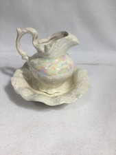 VTG 3" Miniature Wash Basin And Water Pitcher White Rosy Iridescent Shimmer