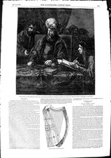 Original Old Antique Print 1850 Harp Mary Queen Scots Owner Vineyard Labourers