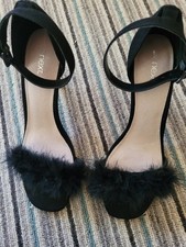Next Size 6.5 Black Sandals Fluffy Front Open Toe Adjustable Ankle Strap New
