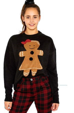 Girls Christmas Jumper Gingerbread Man Black Pullover Bobbles 12-18 Year Acrylic