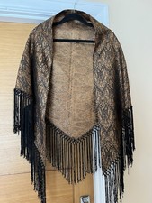 Shawl/Wrap, Adult Size, Gold & Black  Beautiful Sparkly Print, Long Black Fringe