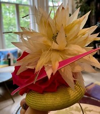 Philip Treacy London Bespoke Flower Hat in Fuscia, lime Green & Yellow Feathers