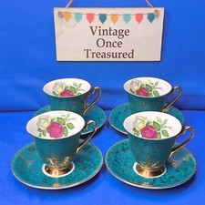 4x ROSE PATTERN Tea Cups & Saucers * 1950s Teal & Gold WINDSOR BONE CHINA * EXC
