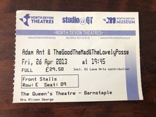 Adam Ant and the Good, the Mad & the Lovely Posse. Barnstaple, 2013. Used ticket