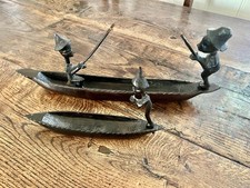 Antique Vintage Ebony Wood African Fishermen In Canoes