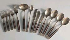 1970s BTM TEAK & BRASS SERVING CUTLERY 14 PIECES