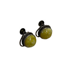 Sterling Silver Yellow Cabochon Screw-Back Earrings Vintage