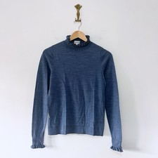 Brora Merino Wool Blue Jumper Size 10 Frill Neck Layering Minimal Feminine