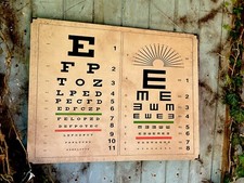 VINTAGE OPTICIANS EYE CHART LARGE CHART ON PLYWOOD WITH METALCORNERS 46cmHx60cmL