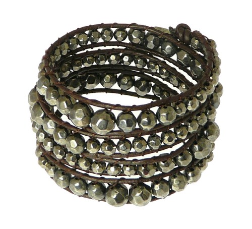 Brown double leather bead wrap - leather,