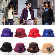 Women Vintage Wool Felt Bucket Cap Flower Ladies Winter Cloche Church Bowler Hat
