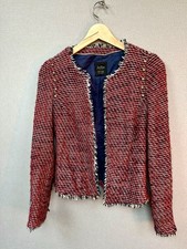 Zara Tweed Knit Jacket fringe Studded Red Blue White Small Wool Mix Boucle Lined
