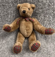 Vintage Debenhams Teddy Bear Jointed Tartan Check Paws & Bow Soft Plush Toy 16"