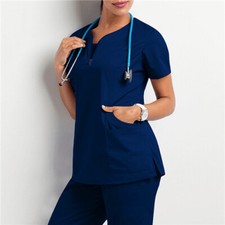 Ladies Medical Scrub Doctor Uniform Zip Tops Nurse Dentist Hospital Pocket Shirt