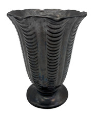 Vintage Art Deco Style Ribbed Ceramic Vase Dark Metallic Glaze H8" - C75 O925