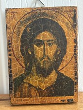 Vintage Religious Icon Jesus Christ Pantocrator Wooden Picture Plaque 3.5”