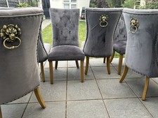 Fishpools Grey Velvet Dining Room Chairs Brass Gold Lion Knocker Studded