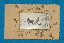 EARLY 1900s NEW YEAR CARD HORSE DRAWN SLEIGH / TROIKA WITH RUNNING DOG BESIDE
