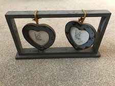 Double Heart Photo Frame Distressed Shabby Chic Grey Hanging Hearts Freestanding