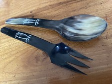 Vintage Carved Natural Buffalo Horn Ladle Serving Salad Large Spoon & Fork Set