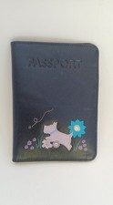 Radley Black Leather Passport Holder Cover Wallet Dog Flowers Floral Purple Blue