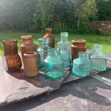 Antique Ink Wells, Vintage Ink Stoneware Bottles, Mixed Pots x 11