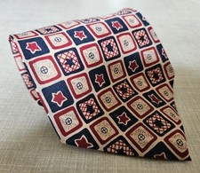 Vintage 1970's Ambiance Clothing Beige, Blue & Red Square Pattern Polyester Tie.