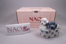 NAO by Lladro Porcelain Figurine Poodle Puppies 01082 Blue Poker Dot Tub Boxed