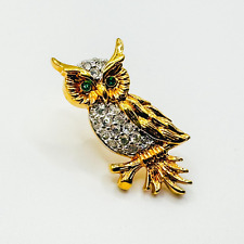 SWAROVSKI Crystal Wise Owl Pin Badge Tie Tack Lapel Brooch Gold Tone Bird