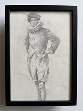 Vintage Renaissance Gentleman in Ruffed Collar Original costume Pencil Drawing