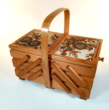 Mid Century Vintage Wooden Cantilever Sewing Box 1960's? 3 Tier  Tapestry Top
