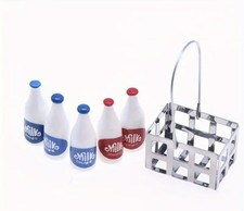 6 Pcs Miniature Milk Bottles In Metal Crate Dolls House Simulation Prop