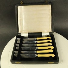 Dawson Sheffield 6 Butter Knives – Yellow Celluloid Handles – Boxed – Vintage