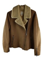 H&M Womans Faux Shearling Beige Collared Biker Zip UP Jacket Size 12 40 Outdoors