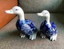 Two Blue And White Ceramic Ducks, Decorated With Leaf Designs