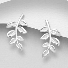 925 Sterling Silver Olive Leaf Vine Stud Earrings Women Nature Girls Cute