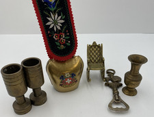 6 x Vintage Brass Items Cowbell, Rocking Chair, Bottle Opener, Candleholders B11