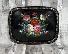 Large Vintage Stamped Russian Metal Rectangle Tray Hand Painted Enamel Folk Art