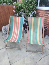 Vintage Pair Of Wooden Adjustable Reclining Folding Deck Chairs Hardwood Frame