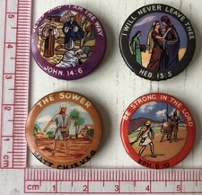 4x VTg Og Sunday school Church of England Bible Story Verse 25mm pin badges 60’s