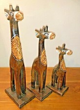 Small Carved Wooden Giraffe Set 25cm Wood Ornament Statues