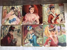 Vintage WIN-EL-WARE Parisienne Ladies Table Mat/Drink Coasters x 6 Original Case