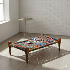 Handwoven Rainbow Charpai – Colorful Indian Rope Weave on Solid Wood Frame