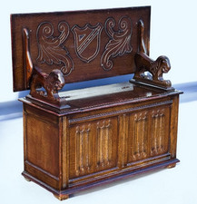Oak Monks Hall Bench, Carved Lions, Heraldic Crest, Storage To Base