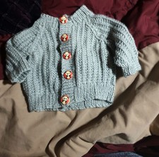 freepost new 0-3 months grey hand knitted baby cardigan with panda buttons