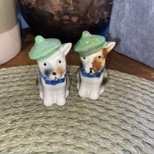 Vintage Japanese ceramic white terriers dogs green hat salt & pepper pot shakers